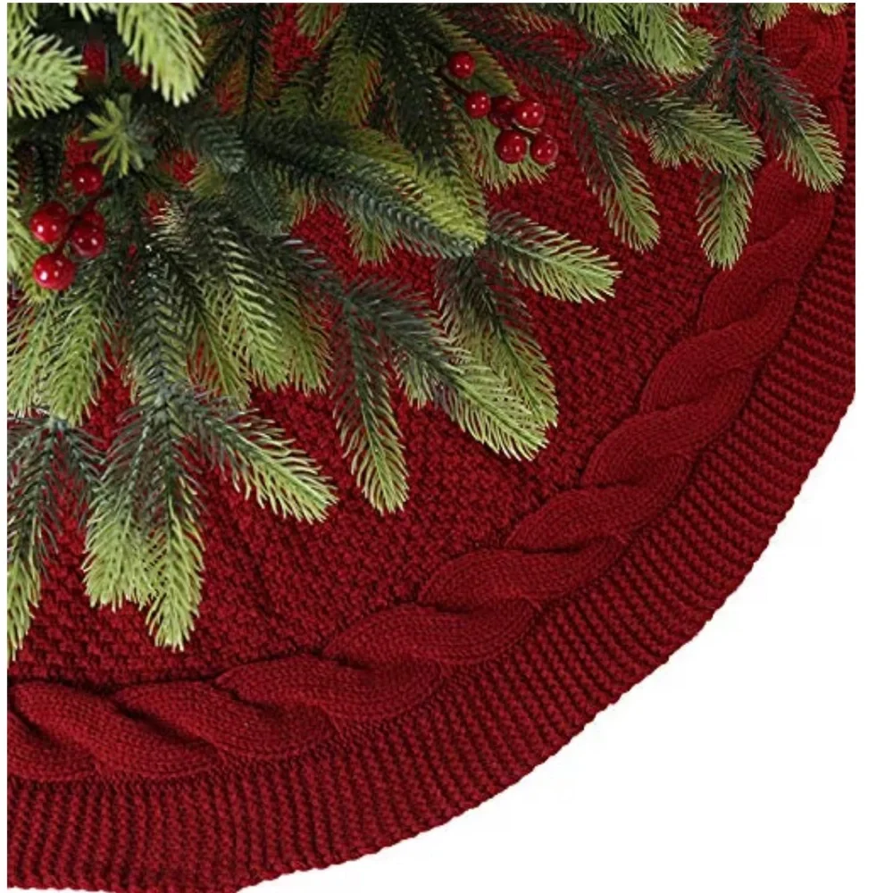 Thick Luxury Cable Knit Rustic Holiday Christmas Tree Skirt 36” BURGUNDY